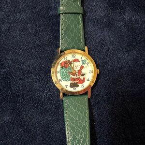 Festive Santa Watch with Green Faux-Leather Strap